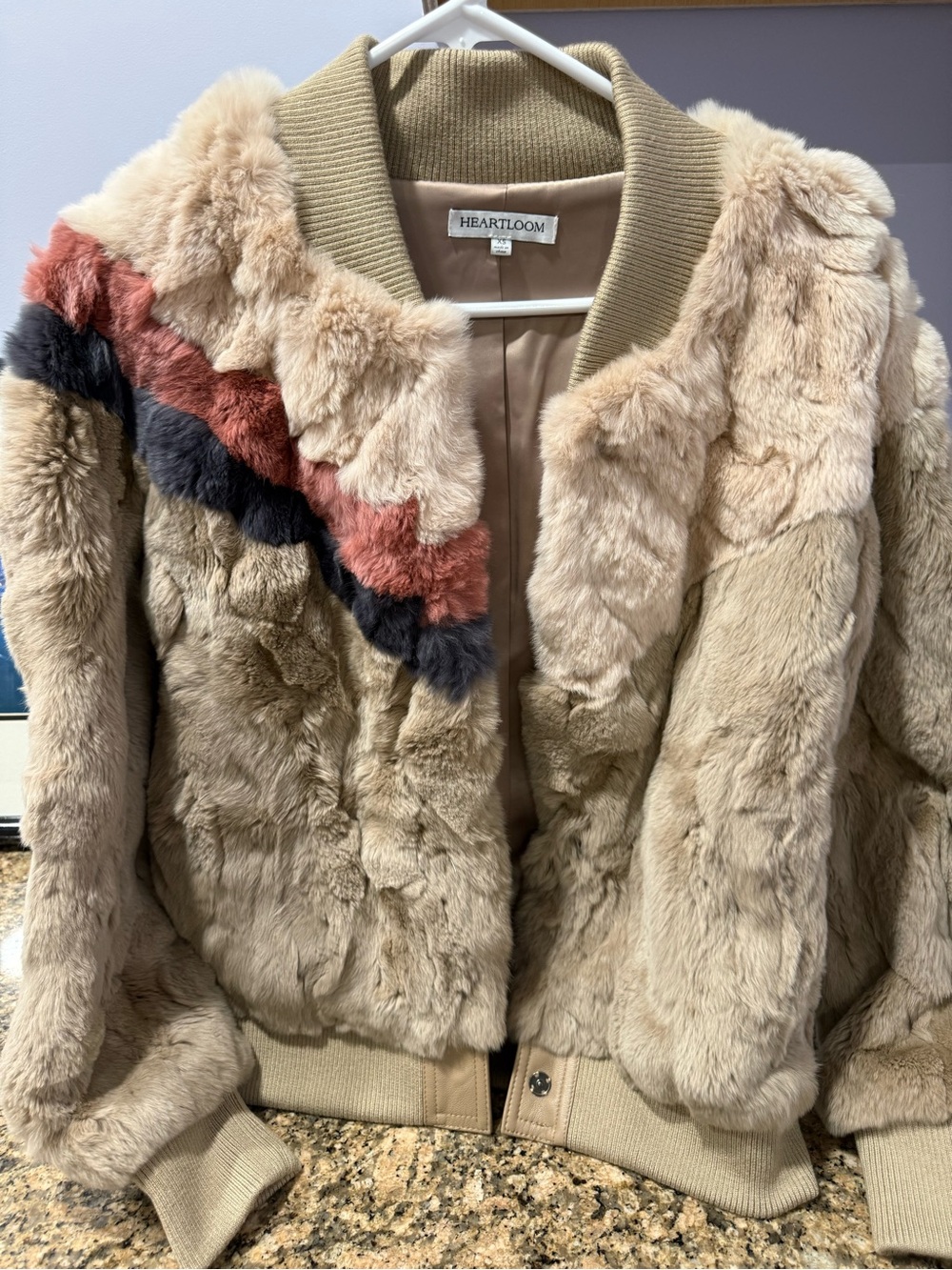 Heartloom Women's Tan Rabbit Fur Bomber Jacket with Color-Block Accent